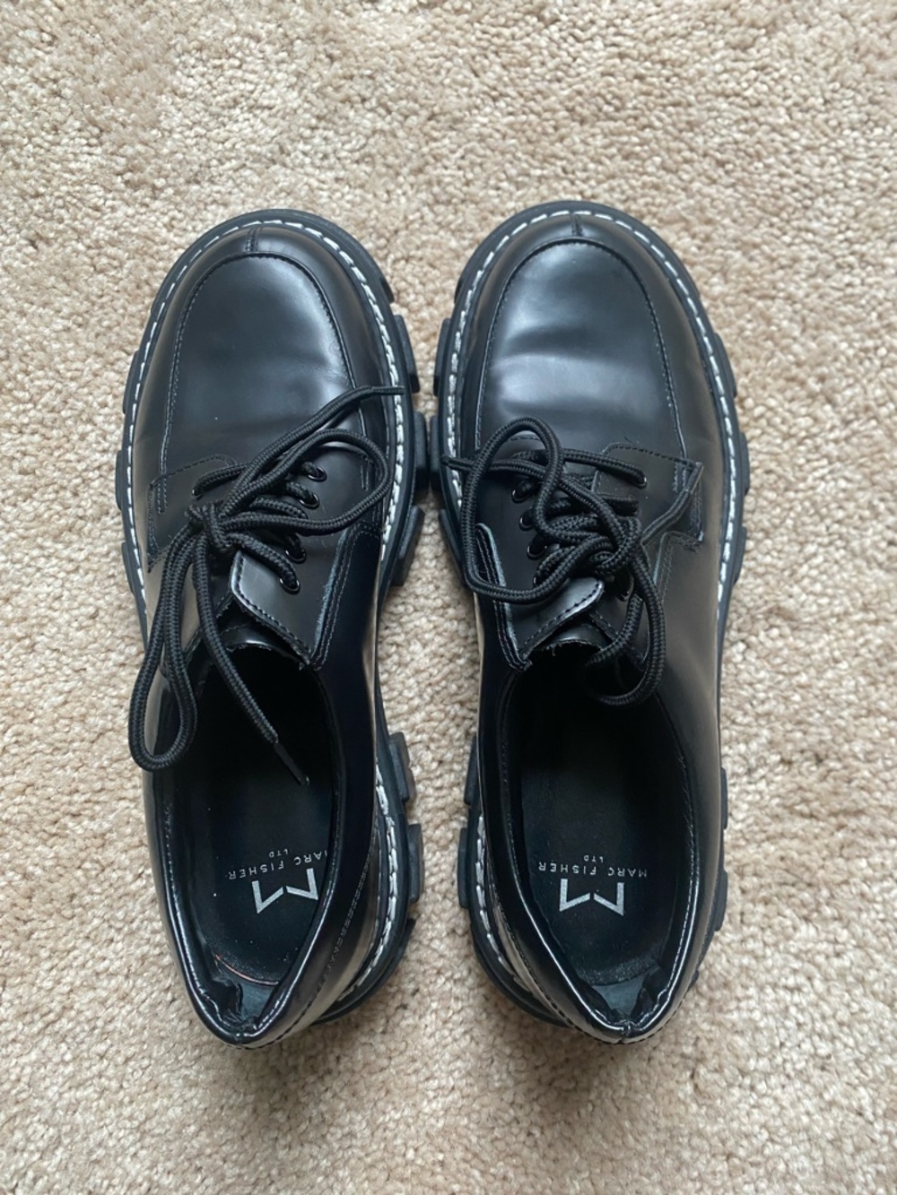 Marc Fisher Black Leather Derby Shoes with Contrast Stitching